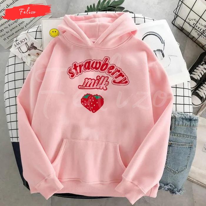 Hoodie Jacket Kupluk Sweater Anak Two Tone Jaket Motif STRAWBERRY MILK