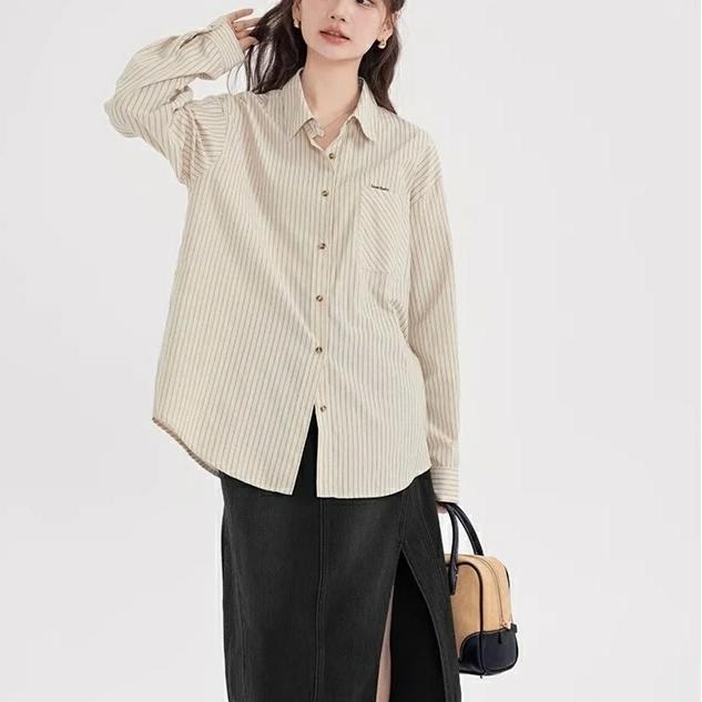 Blouse Wanita Lengan Panjang Casual Cream Stripe Atasan Top - 972 LCL