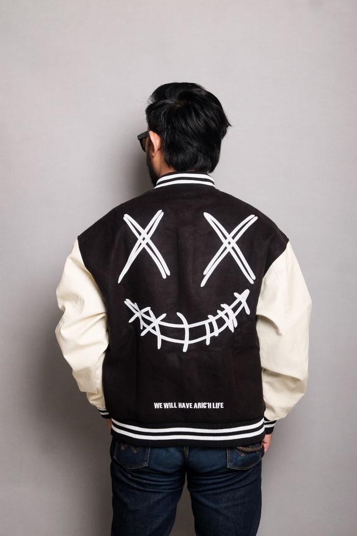 RICKY IS CLOWN White Smiley Suede Varsity Jacket