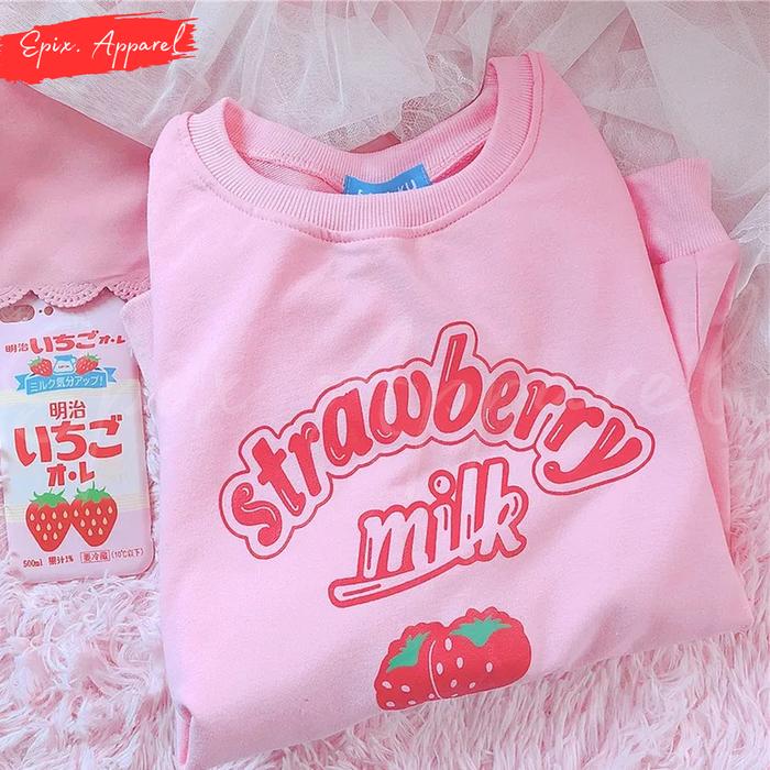 Crewneck Sweater Anak Perempuan Motif STRAWBERRY MILK NICE TO MEET CHU