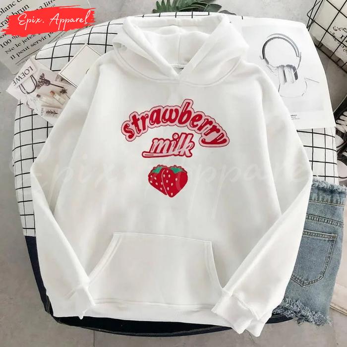 Sweater Hoodie Anak Jumper Kupluk Lengan Panjang Motif STRAWBERRY MILK
