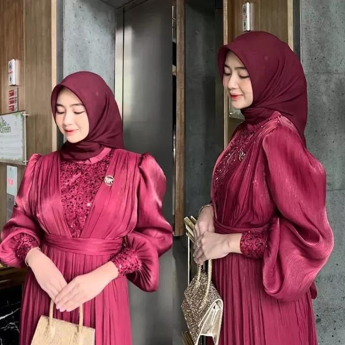 Dress Gamis Impor Trend Kekinian ADELIA Dress Bahan santorini Shimer