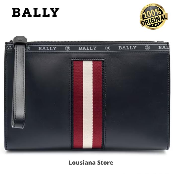 TAS BALLY HAIG LEATHER CLUTCH BAG STRIPE BLACK AND RED
