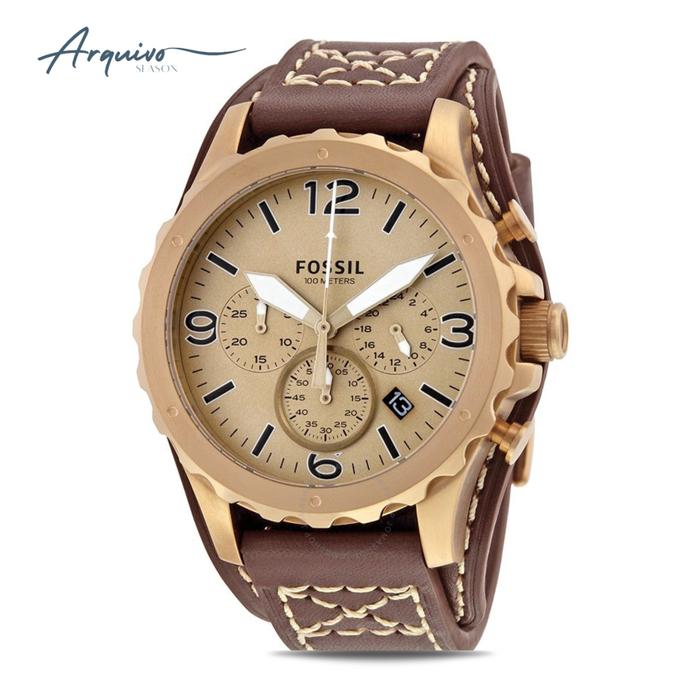 Jam Tangan Pria Fossil Nate Chronograph Kulit Brown Sporty Original JR1495