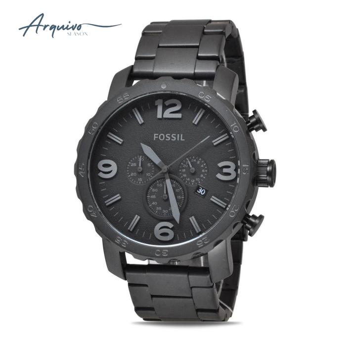 Jam Tangan Pria Fossil Nate Chronograph Black Stainless Steel Mewah Sporty Original JR1401