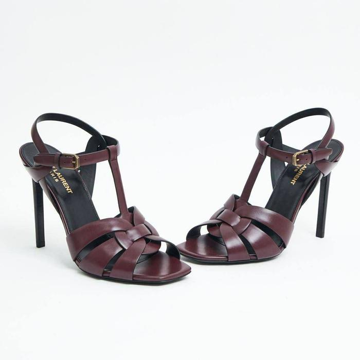 YSL Saint Laurent Tribute 105 Calfskin Sandal Heels Rouge Legion