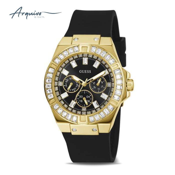 Jam Tangan Guess Wanita Chronograph Black Rubber Gold Case Mewah Casual Original GW0118L1