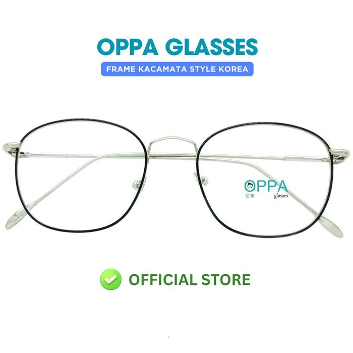 Frame Kacamata Korea Pria Wanita 062BS Bulat Oval Black Silver Besi - Lensa Normal