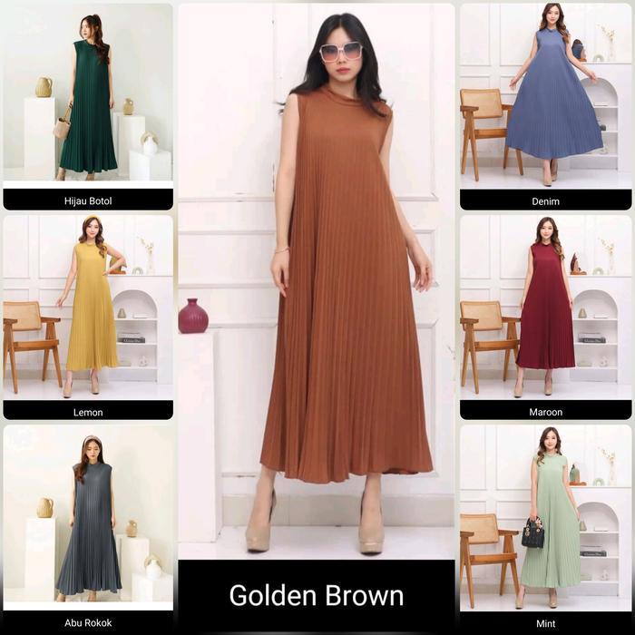 Longdress Dress Plisket Maxi Lada Pleats Prisket Tanpa Lengan Inner