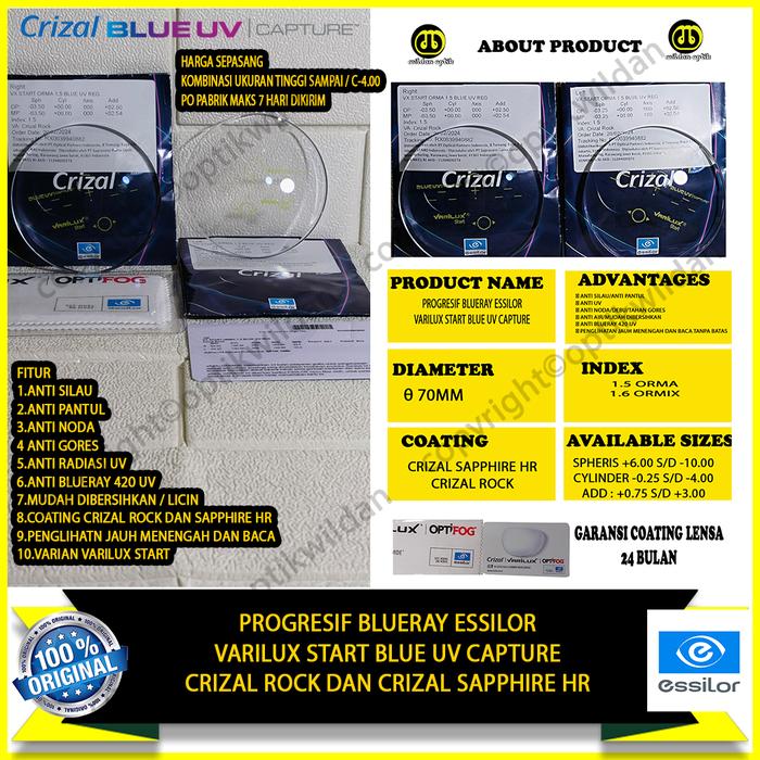 PROGRESIF BLUERAY ESSILOR VARILUX START CRIZAL ROCK/CRIZAL SAPPHIRE HR