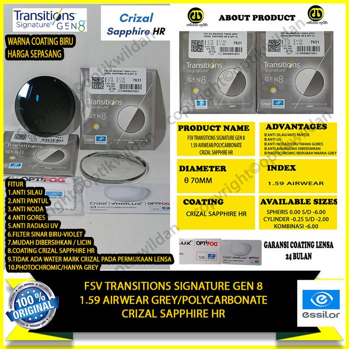 SINGLE VISION PHOTOCHROMIC ESSILOR TRANSITIONS SIG GEN8 1.59 AIRWEAR