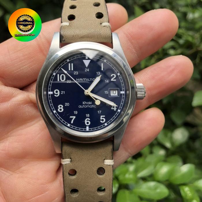 Jam Tangan Hamilton Khaki Blue Dial Automatic Leather Strap Original