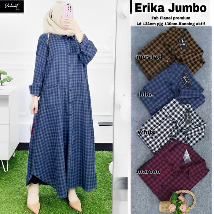 NEW ERIKA JUMBO FLANEL PREMIUM GAMIS WANITA MOTIF KOTAK LD 134CM