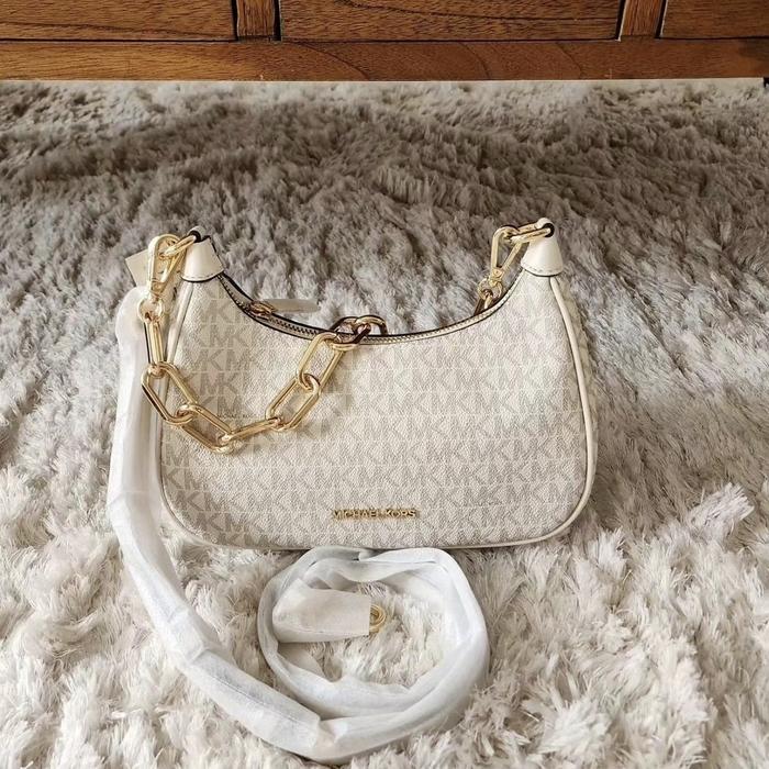 tas wanita mk cora medium zip pouchette light cream multi ej