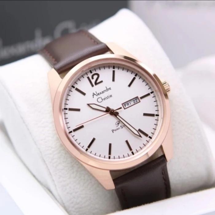 JAM TANGAN PRIA ORIGINAL ALEXANDRE CHRISTIE AC1012ME RISEGOLD LEATHER