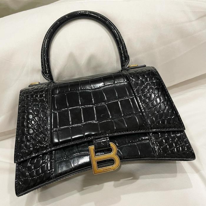 Like New Balenciaga Hourglass Small Black Croco