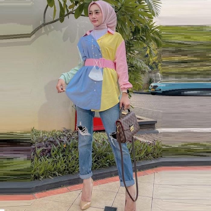 KS 2490 Baju Kemeja Blouse atasan ESTRILLIAN shirt hem wanita lengan panjang bahan silk satin premiu