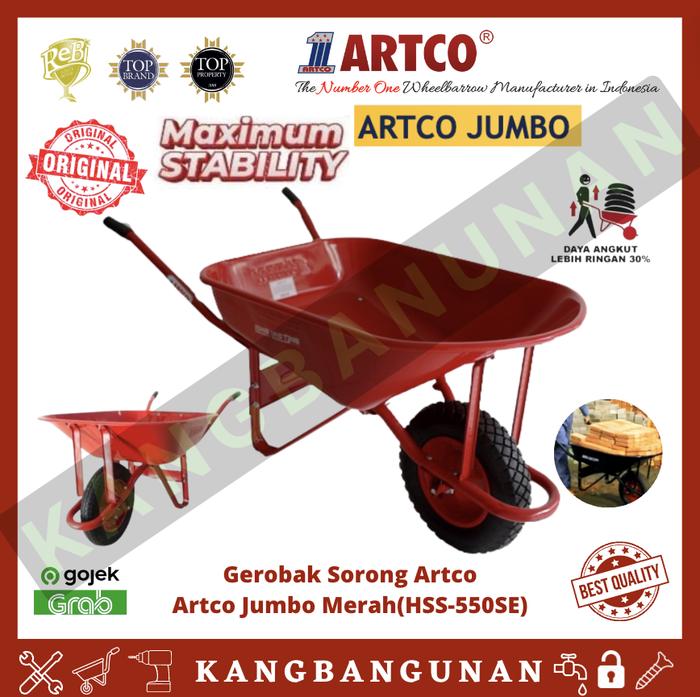 Artco Gerobak Sorong Dorong Pasir Cor Jumbo Merah HSS-550SE Set Baja Kapasitas 6.0 Kubik Roda Pneuma