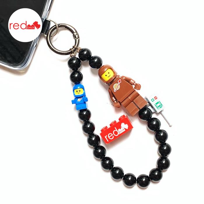 LEGO Brown Astronout and Space Baby Phone Strap / Bagcharm with Onyx Bead