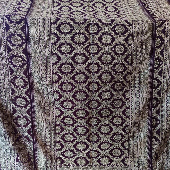 Songket Palembang - KLASIK Merah Maroon, Bunga Cina Bintang berkait, Sutra Asli, Tenunan Tangan, Ben