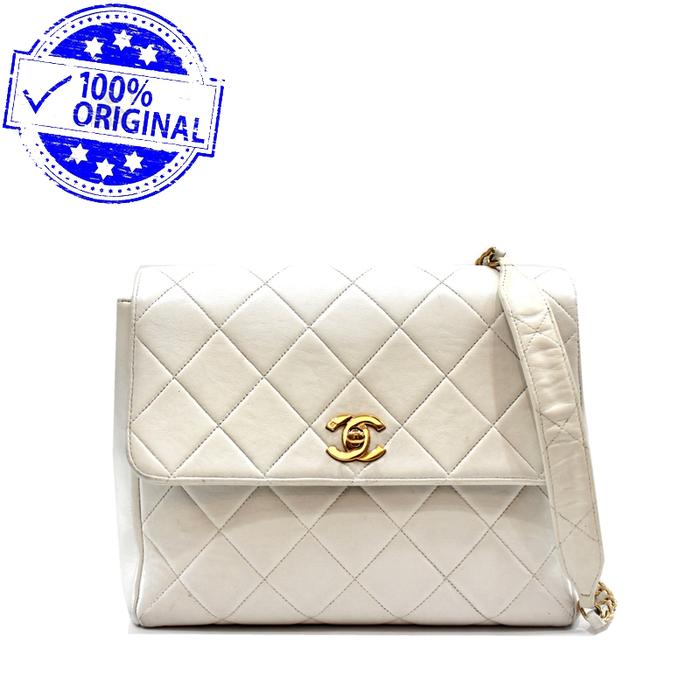 Preloved  Channel Vintage Square Classic Flap White Ivory Lambskin Sling Bag GHW #3