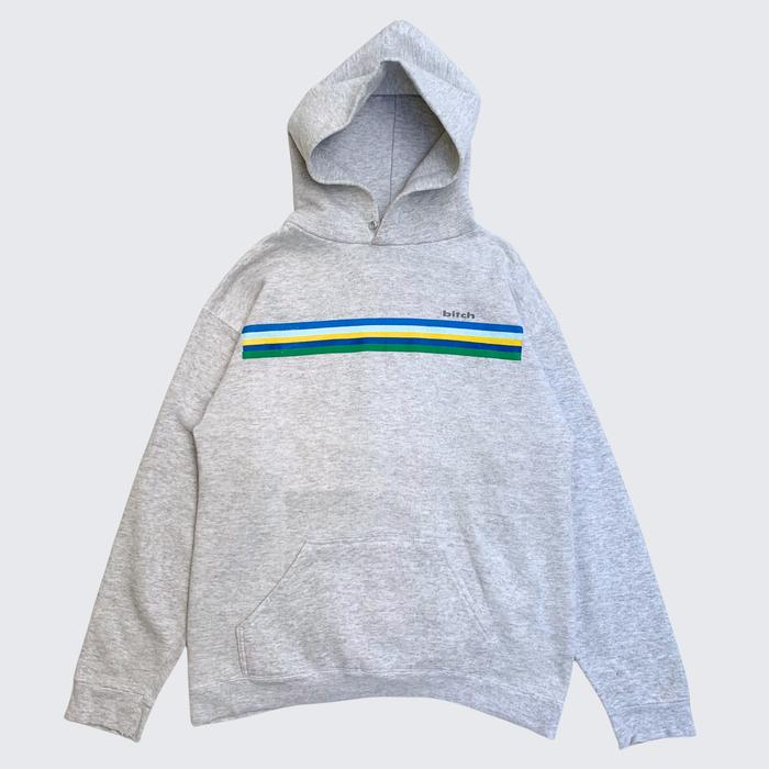 1990s Bitch Skateboards Mini Logo Green Yellow Blue Stripes Grey Hoodie - Unisex - M