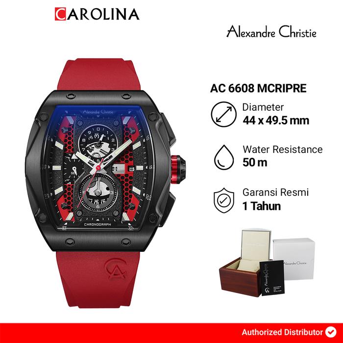 Jam Tangan Pria Alexandre Christie Chronograph AC 6608 MCRIPRE Black Dial Red Rubber Strap