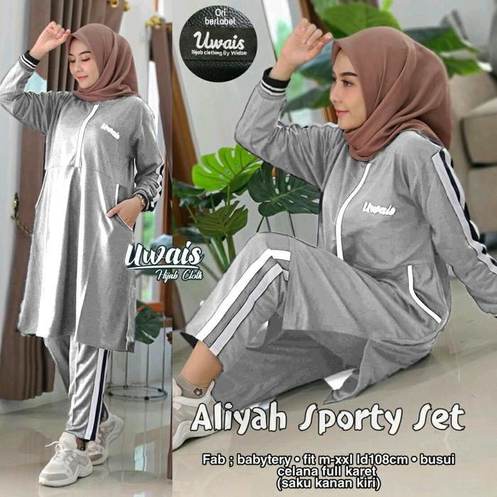 Setelan Wanita Aliyah Sporty Set Tunik & Celana fit M to XXL by Uwais -Light Grey- AOS