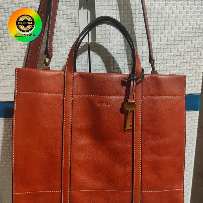 Tas Wanita Fossil Carmen Shopper Brandy Patchwork Leather Bag Preloved Original
