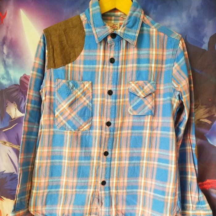 Vintage Houston Union Made Thick Orange Blue Plaid Flanel Shirt Kemeja Flannel Bahan Tebal