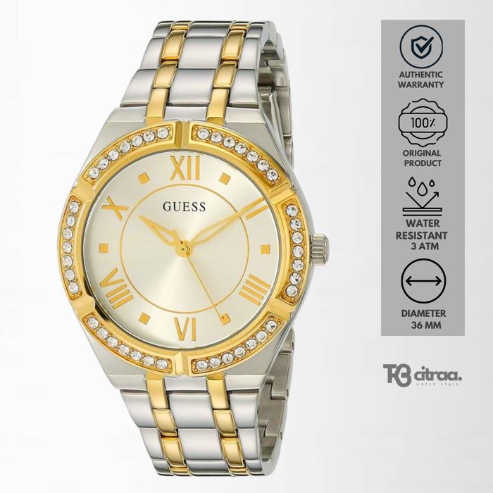 Jam Tangan Wanita Guess Cosmo Silver Gold Stainless Steel Mewah Casual Original GW0033L4
