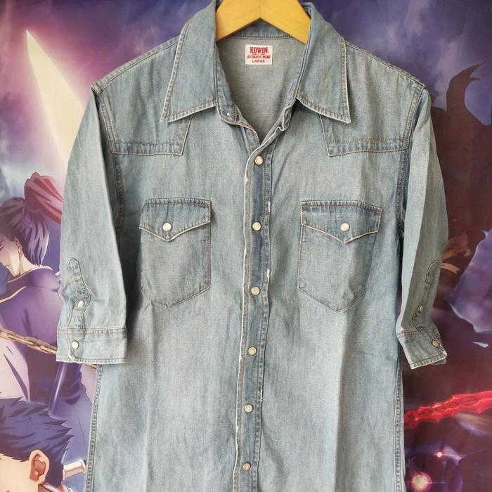 Edwin Double Pocket Short Sleeve Blue Denim Shirt Kemeja Woman Cewek