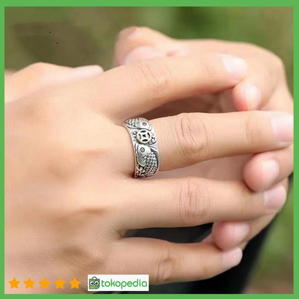 Hot! Cincin Pria Koin Kuno Motif Ikan Naga Silver Gold Perak Sterling Adjustable