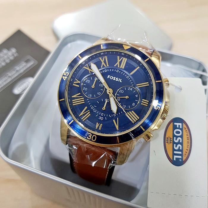 Jam Tangan Pria FL Gr*nt FS5268 Chronograph Navy Dial Gold Brown Leather