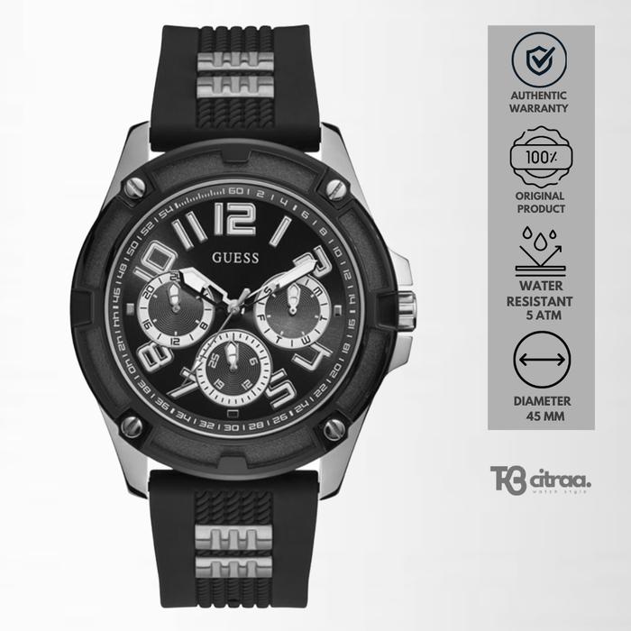 Jam Tangan Pria Guess Delta Chronograph Black Rubber Sillicone Strap Sporty Casual Original GW0051G1