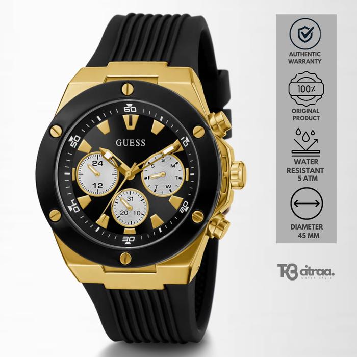Jam Tangan Pria Guess Poseidon Chronograph Black Rubber Gold Case Mewah Sporty Original GW0057G1