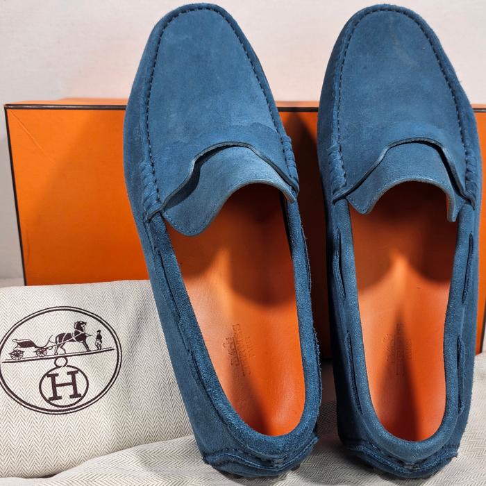 Hermes Italy Loafers genuine leather suede blue authentic sepatu pria kulit asli biru size UK 6.5
