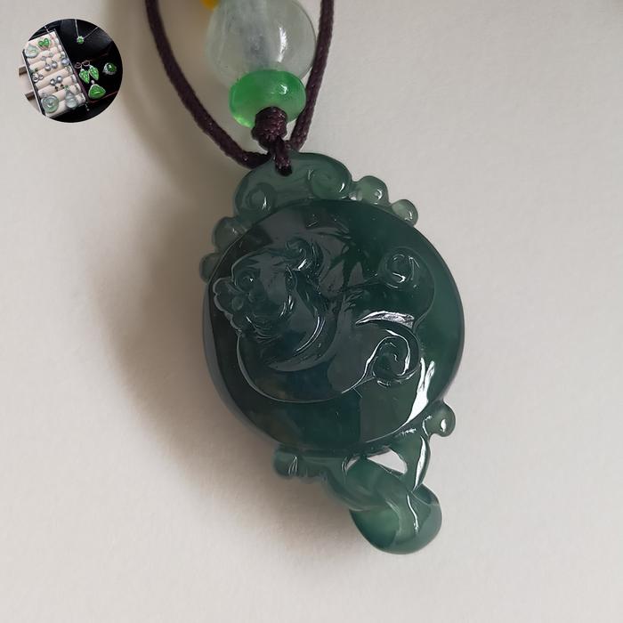 Kalung Liontin Giok Hijau Burma Pixiu ring mini + sertifikat