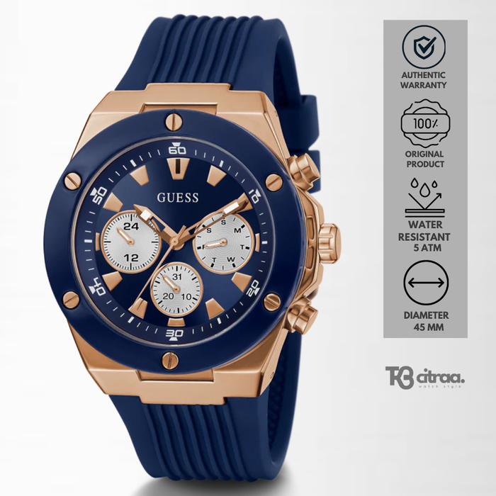 Jam Tangan Pria Guess Poseidon Chronograph Navy Blue Rubber Casual Sporty Original GW0057G2