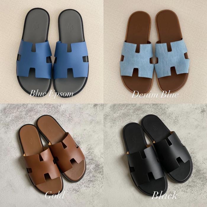 Original - Hermes Izmir Sandal Blue Denim Black Gold Sandals