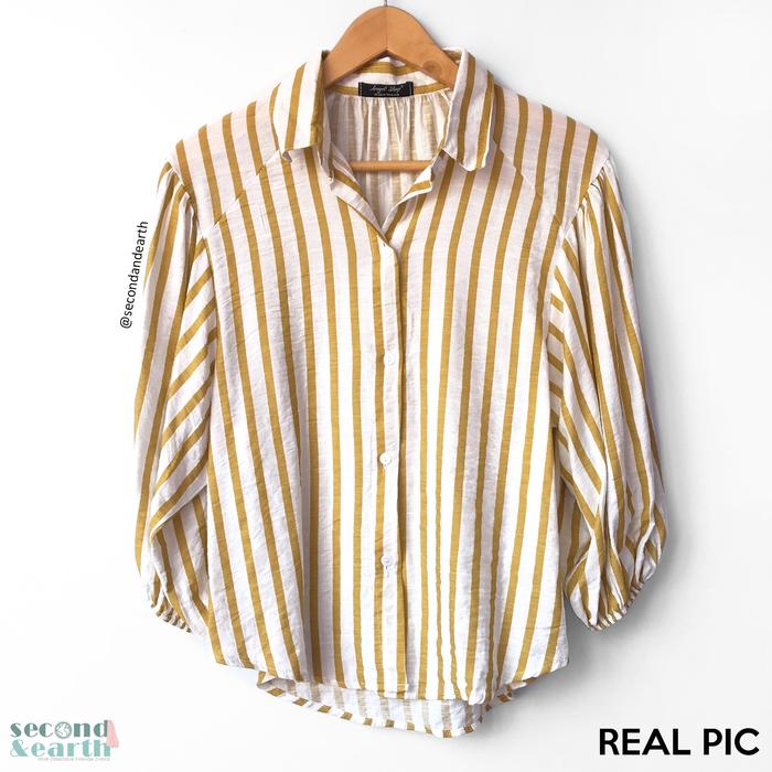 Preloved Angel Shop Shirt (XS-M) Atasan Kerja Wanita Kemeja Lengan Puff Motif Garis Putih Kuning Puf