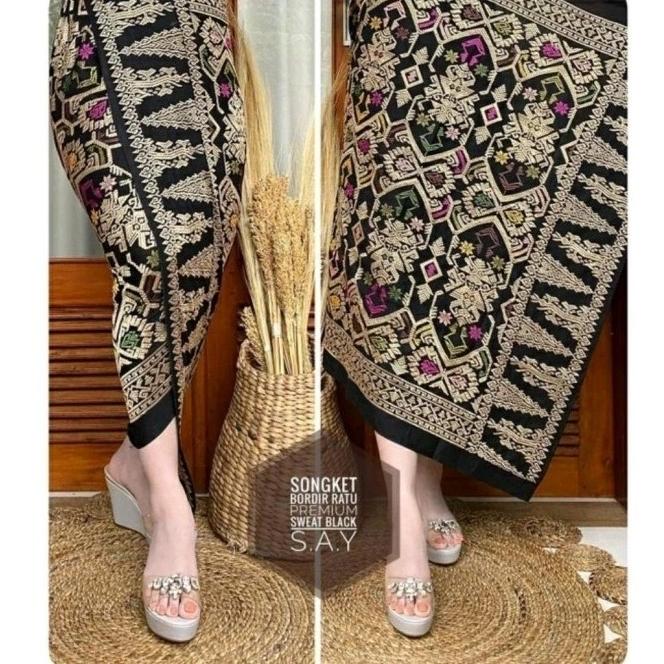 Kain Songket Kamen bordir premium Bali lembaran motif Permata Berwarna