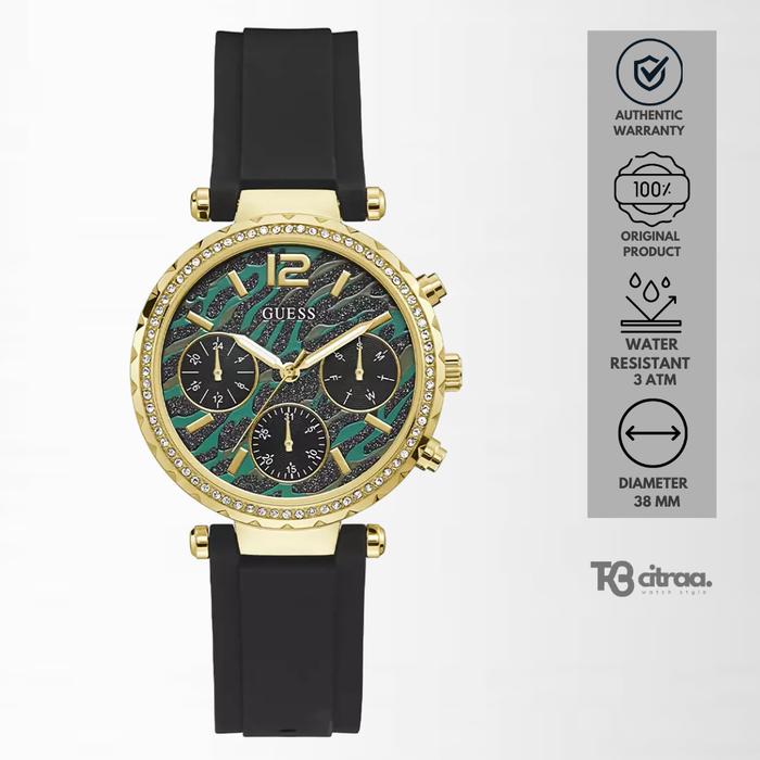 Jam Tangan Wanita Guess Solstice Chronograph Black Rubber Gold Case Mewah Casual Original GW0113L1