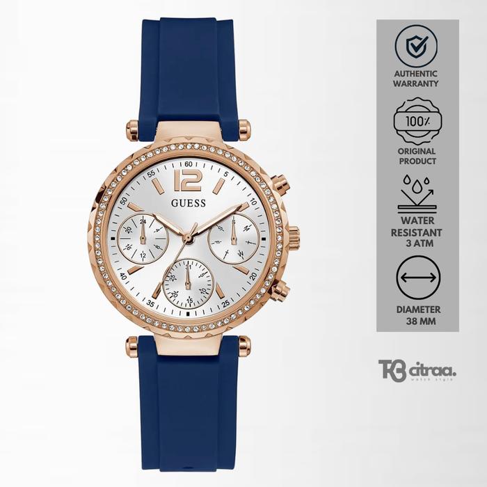 Jam Tangan Wanita Guess Solstice Chronograph Blue Rubber Rose Gold Case Mewah Casual Original GW0113