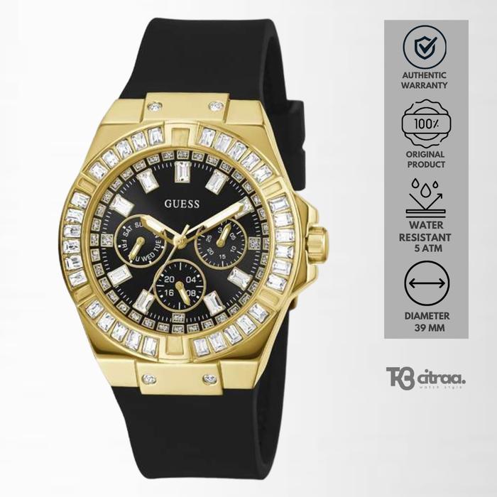 Jam Tangan Wanita Guess Chronograph Rubber Black Gold Case Mewah Casual Original GW0118L1