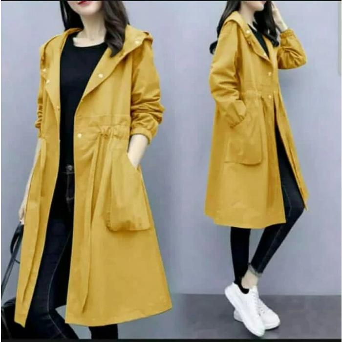 Long Outer Jaket Hoodie KYORI Lengan karet Mustard Kancing Full Aktif