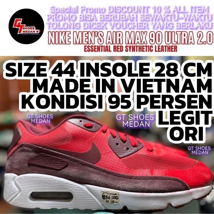 Sepatu Nike Men's Air Max 90 Ultra 2.0 Essential Red Synthetic Leather Running Shoes size 44 insole 