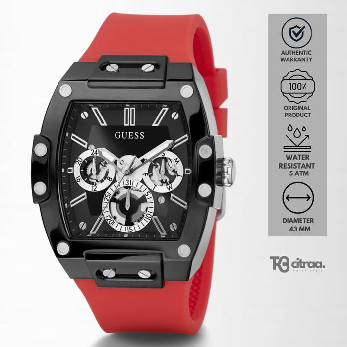 Jam Tangan Pria Guess Phoenix Chronograph Red Rubber Black Dial Sporty Casual Original GW0203G4