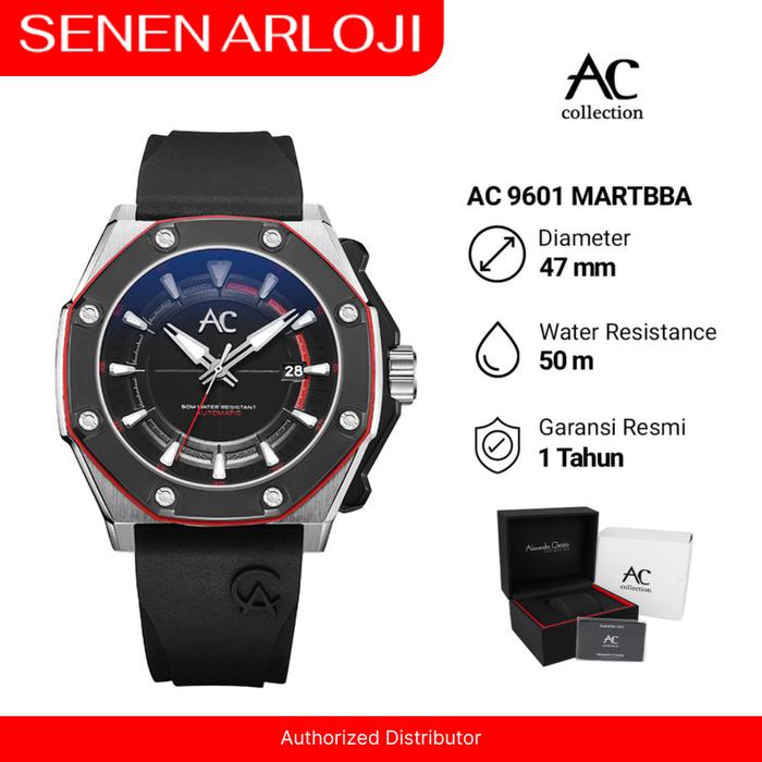 Jam Tangan Pria Alexandre Christie AC 9601 Automatic Karet Original - Black Silver Red