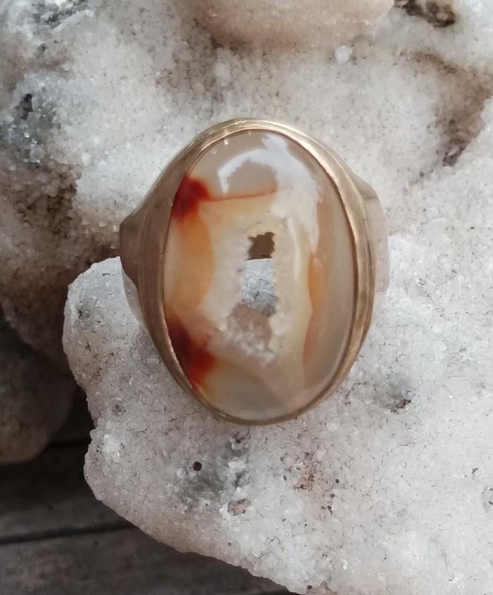 Natural Kalsedon Combong Unik Ring Koin Gold Handmade